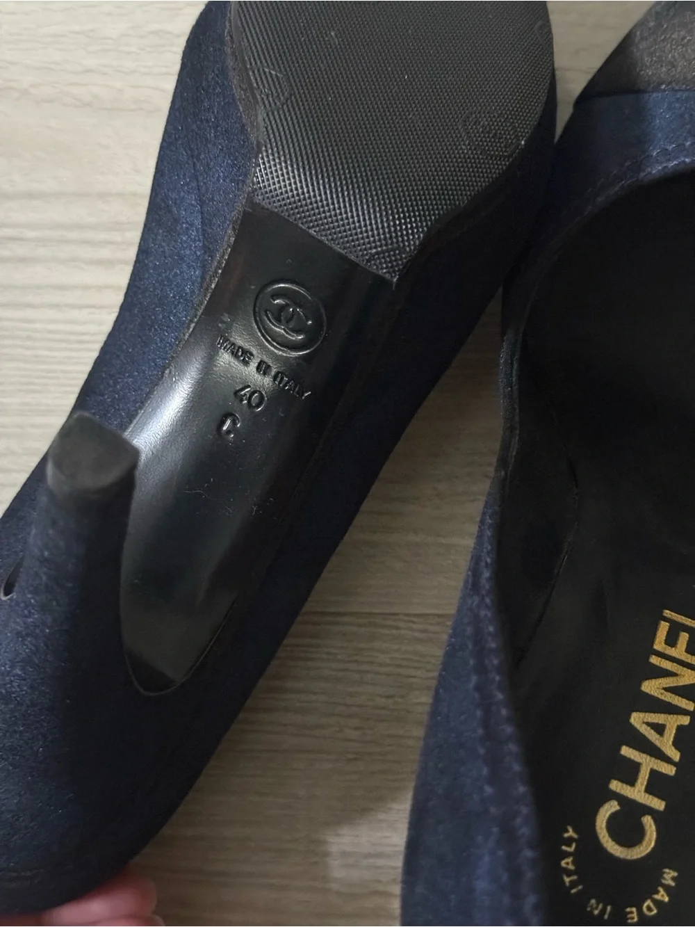 CHANEL Navy Suede Pumps with Black Cap Toe